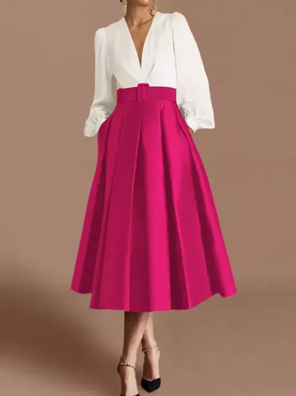 Robe de bal robe de soirée col en V satin manches longues ceinture robe de concours