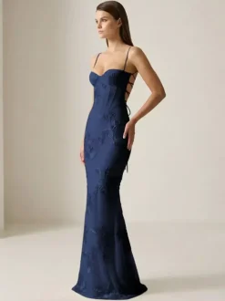 Robe de bal sirène à col c艙ur sans manches lacée ornée de fleurs en dentelle robe de soirée formelle