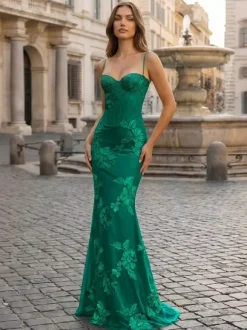 Robe de bal sirène à col c艙ur sans manches lacée ornée de fleurs en dentelle robe de soirée formelle