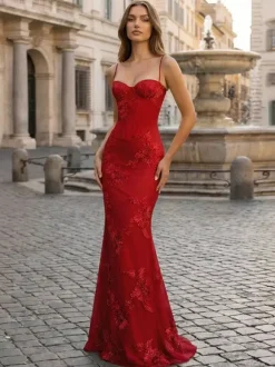 Robe de bal sirène à col c艙ur sans manches lacée ornée de fleurs en dentelle robe de soirée formelle