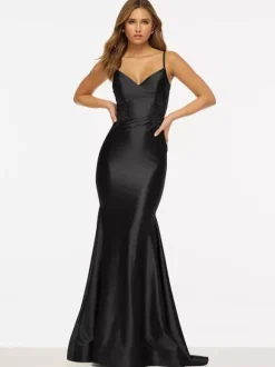 Robe de bal sirène col en V sans manches dos nu dentelle tissu satiné robes de soirée sociales