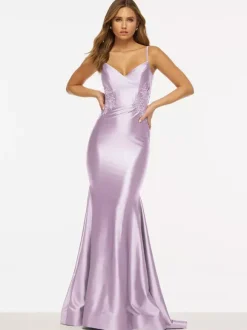 Robe de bal sirène col en V sans manches dos nu dentelle tissu satiné robes de soirée sociales