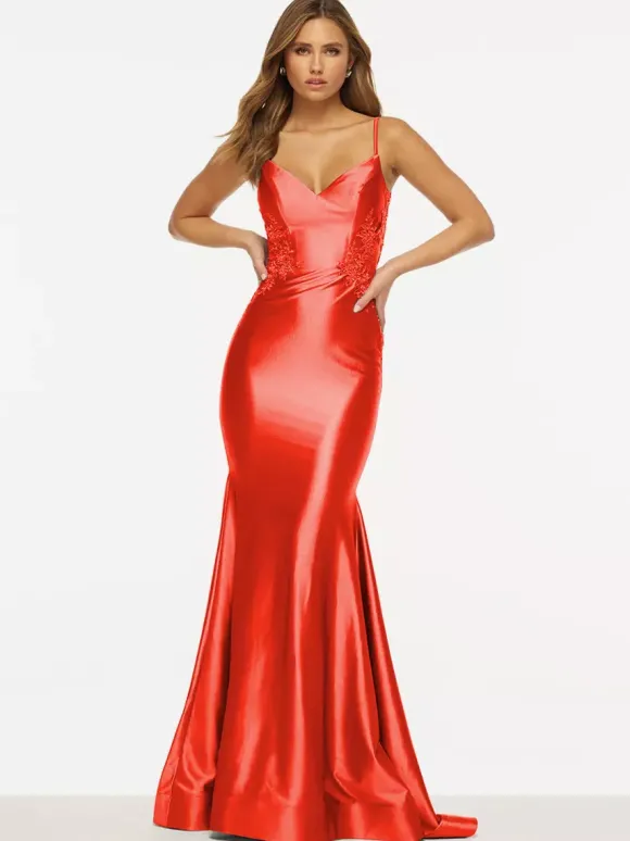 Robe de bal sirène col en V sans manches dos nu dentelle tissu satiné robes de soirée sociales