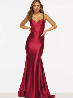 Robe de bal sirène col en V sans manches dos nu dentelle tissu satiné robes de soirée sociales