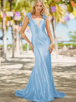 Robe de bal sirène col en v traîne Court sans manches dos nu fleurs soie élastique comme du Satin robes de dîner formelles