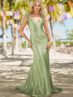 Robe de bal sirène col en v traîne Court sans manches dos nu fleurs soie élastique comme du Satin robes de dîner formelles