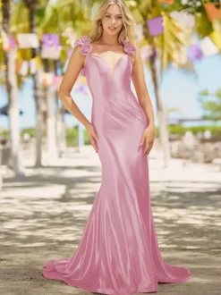 Robe de bal sirène col en v traîne Court sans manches dos nu fleurs soie élastique comme du Satin robes de dîner formelles