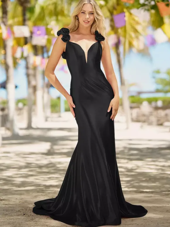 Robe de bal sirène col en v traîne Court sans manches dos nu fleurs soie élastique comme du Satin robes de dîner formelles
