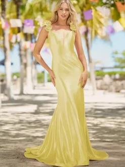 Robe de bal sirène col en v traîne Court sans manches dos nu fleurs soie élastique comme du Satin robes de dîner formelles