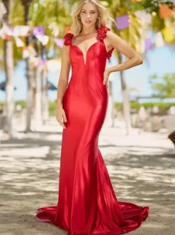 Robe de bal sirène col en v traîne Court sans manches dos nu fleurs soie élastique comme du Satin robes de dîner formelles