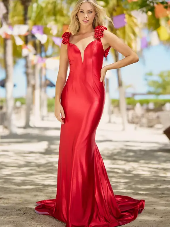 Robe de bal sirène col en v traîne Court sans manches dos nu fleurs soie élastique comme du Satin robes de dîner formelles
