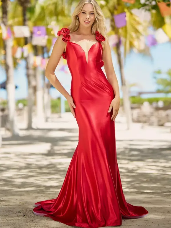 Robe de bal sirène col en v traîne Court sans manches dos nu fleurs soie élastique comme du Satin robes de dîner formelles