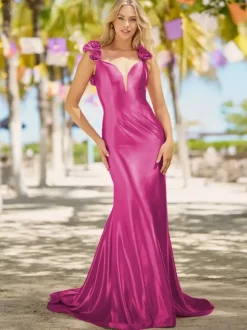 Robe de bal sirène col en v traîne Court sans manches dos nu fleurs soie élastique comme du Satin robes de dîner formelles