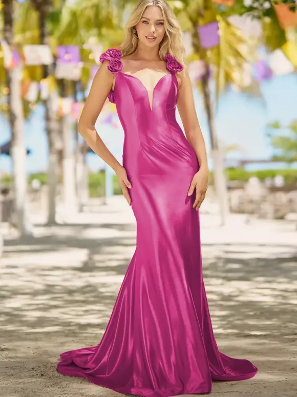 Robe de bal sirène col en v traîne Court sans manches dos nu fleurs soie élastique comme du Satin robes de dîner formelles