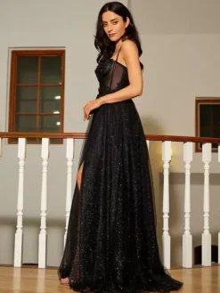 Robe de bal trapèze col en c艙ur dentelle sans manches fendue sur le devant robes de soirée