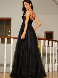 Robe de bal trapèze col en c艙ur dentelle sans manches fendue sur le devant robes de soirée