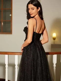 Robe de bal trapèze col en c艙ur dentelle sans manches fendue sur le devant robes de soirée