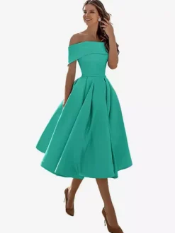 Robe de bal trapèze à épaules dénudées en satin longueur thé robe de soirée habillée