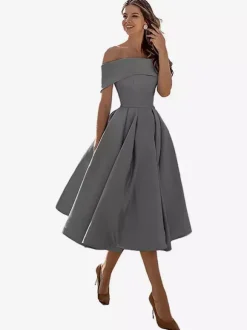 Robe de bal trapèze à épaules dénudées en satin longueur thé robe de soirée habillée