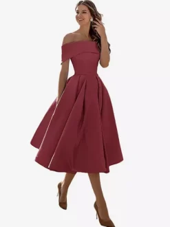 Robe de bal trapèze à épaules dénudées en satin longueur thé robe de soirée habillée