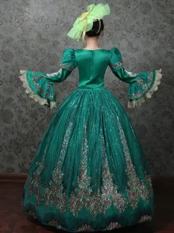 Robe de bal victorienne rococo vintage brodée manches longues évasées