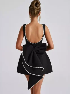 Robe de cocktail en perles avec n艙ud sans manches coupe trapèze dos nu mini robe de fête d'anniversaire pour femmes 2026