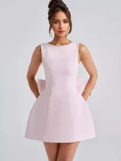 Robe de cocktail en perles avec n艙ud sans manches coupe trapèze dos nu mini robe de fête d'anniversaire pour femmes 2026