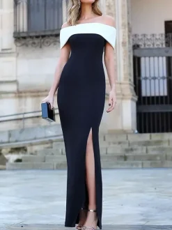 Robe de cocktail hors des épaules en crêpe élastique jupe fendue