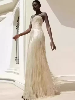 Robe de cocktail nuisette à franges et perles pour femme - Robe longue sans manches style Charleston abricot - Soirée d'été et bal de promo 2026