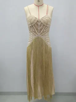 Robe de cocktail nuisette à franges et perles pour femme - Robe longue sans manches style Charleston abricot - Soirée d'été et bal de promo 2026