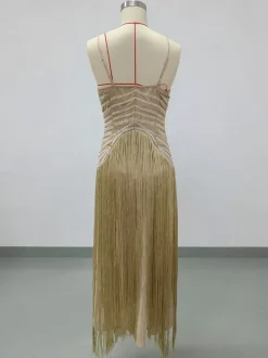 Robe de cocktail nuisette à franges et perles pour femme - Robe longue sans manches style Charleston abricot - Soirée d'été et bal de promo 2026