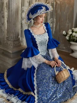 Robe de costume Marie Antoinette en polyester bleu rétro pour femme robe de bal de style européen