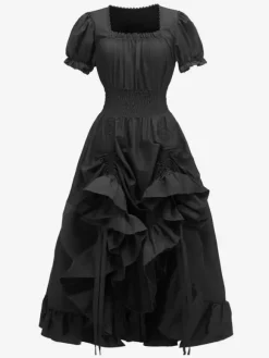 Robe De Costume Plissée Rétro Bordeaux Manches Courtes Col Carré Femme Vintage Bourgogne