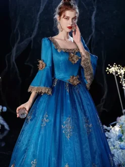 Robe de costume rétro victorienne rococo en dentelle bleu royal