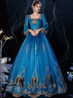 Robe de costume rétro victorienne rococo en dentelle bleu royal