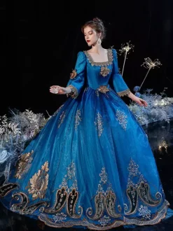 Robe de costume rétro victorienne rococo en dentelle bleu royal
