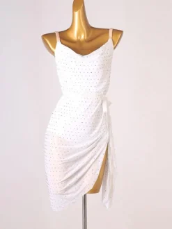 Robe de danse latine blanche pour femme dos nu ornée de strass coupe moulante en polyester
