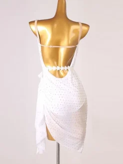 Robe de danse latine blanche pour femme dos nu ornée de strass coupe moulante en polyester