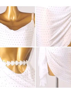 Robe de danse latine blanche pour femme dos nu ornée de strass coupe moulante en polyester
