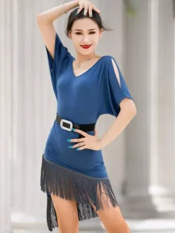 Robe de danse latine à manches courtes et épaules dénudées pour femme avec ceinture et pompons