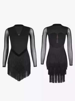 Robe de danse latine noire à franges pour femme manches longues dos nu élégante en polyester.