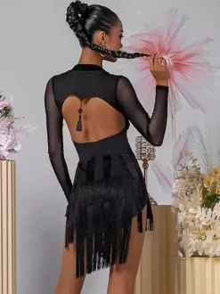 Robe de danse latine noire à franges pour femme manches longues dos nu élégante en polyester.