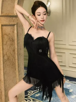 Robe de danse latine noire à franges pour femme costume de danse spaghetti gainant