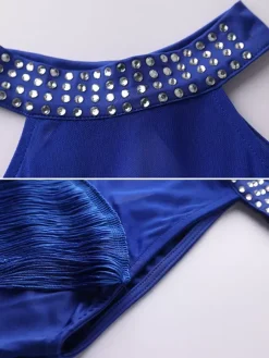 Robe de danse latine noire à franges et dos nu élégante robe de danse en polyester pour femme