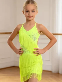 Robe de danse latine noire pour fille à franges dos nu et bretelles croisées élégante robe en polyester tenue de danse