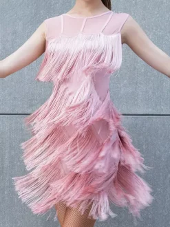 Robe de danse latine noire sexy à franges et pompons pour femme costume de danseuse latine court