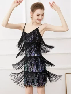 Robe de danse latine noire sexy à bretelles et franges à pompons costume de danseuse latine
