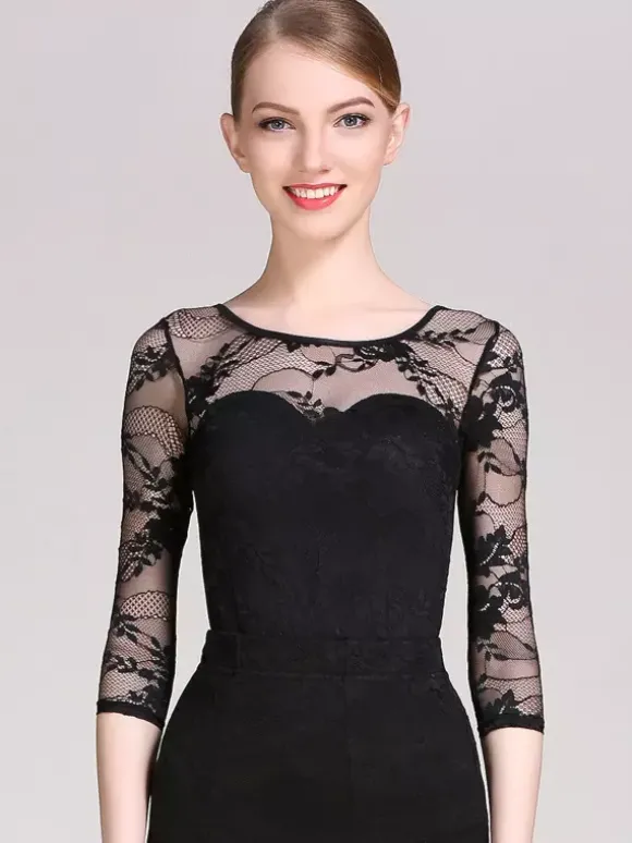 Robe de danse pour femme body en maille et dentelle pour concours de danse de salon