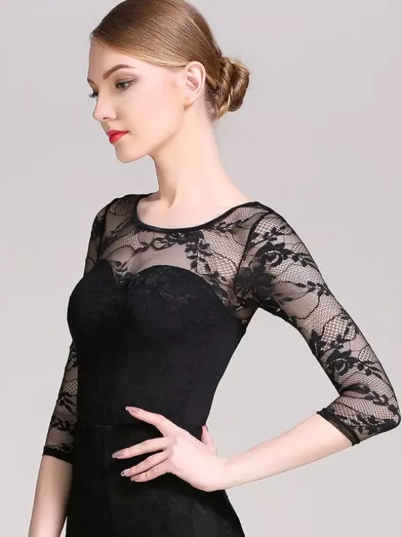 Robe de danse pour femme body en maille et dentelle pour concours de danse de salon