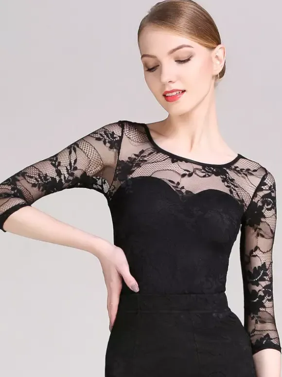Robe de danse pour femme body en maille et dentelle pour concours de danse de salon